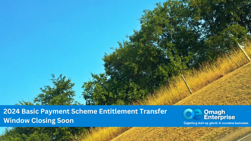 An angled picture of a wheat field, with trees in the background and clear blue sky. Blue banner across the bottom. White text "2024 Basic Payment Scheme Entitlement Transfer Window Closing Soon" Omagh Enterprise logo within blue banner