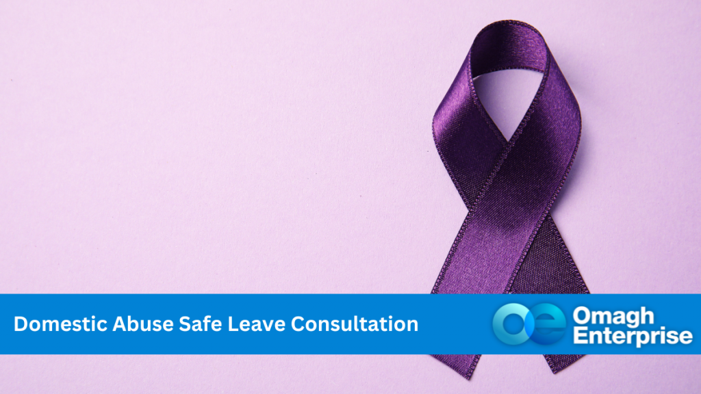 Pale purple background, with darker purple ribbon to the right. Blue banner along the bottom. White Text "Domestic Abuse Safe Leave Consultation" Omagh Enterprise logo within blue banner.