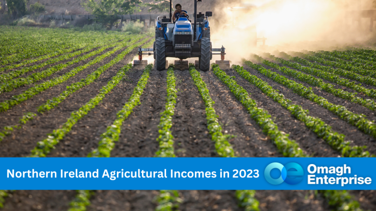 A tractor in a field, spreading silage. Blue banner along the bottom. White text " Northern Ireland Agricultural Incomes in 2023" Omagh Enterprise logo in the banner.