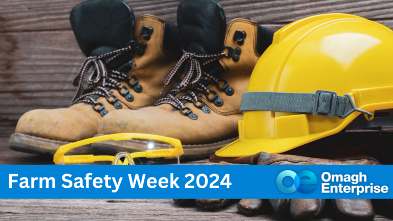 A close up for yellow safety hat, goggles and boots. Blue banner along the bottom, with white text. "Farm Safety Week 2024" Omagh Enterprise logo within blue banner.
