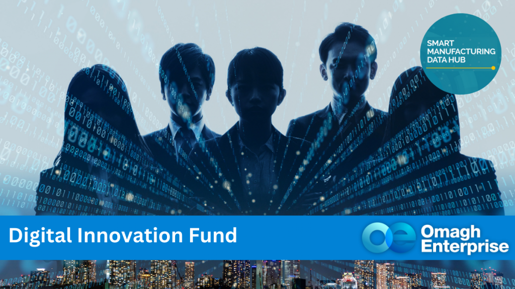 Five people standing in a row. Their shadows are digitals, so their individual features are not know shown. Blue banner along the bottom, with white text. "Digital Innovation Fund" Omagh Enterprise logo within the banner.