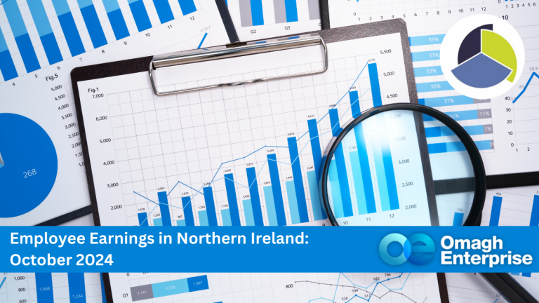 A close-up of financial charts and graphs on paper with a magnifying glass and clipboard. The image includes a pie chart and a blue banner at the bottom stating Employee Earnings in Northern Ireland: October 2024 with the Omagh Enterprise logo.